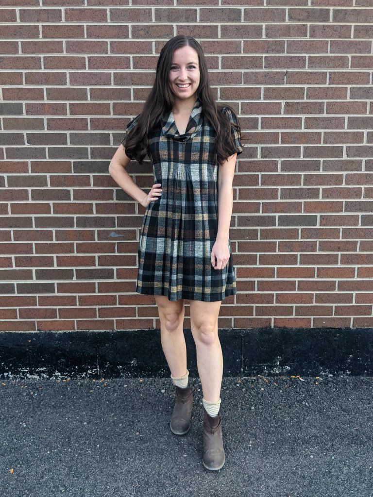 brown-plaid-dress-cowl-neck-fall-outfit