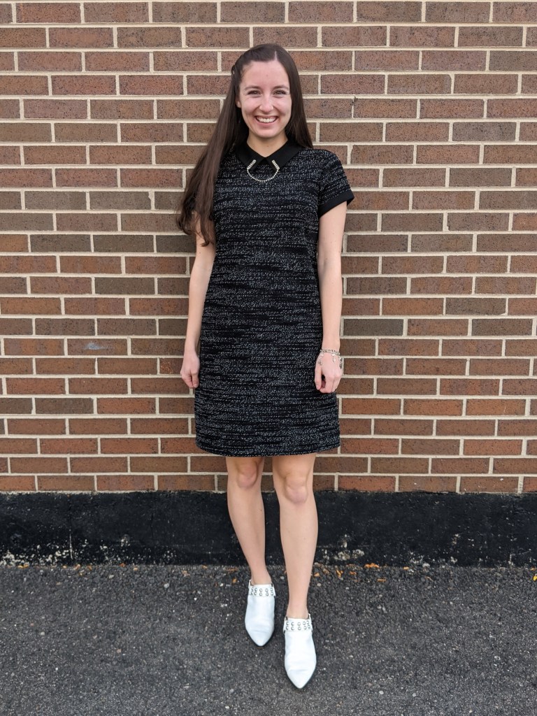 black-tweed-dress-collar-brooch-white-mules-rebecca-minkoff