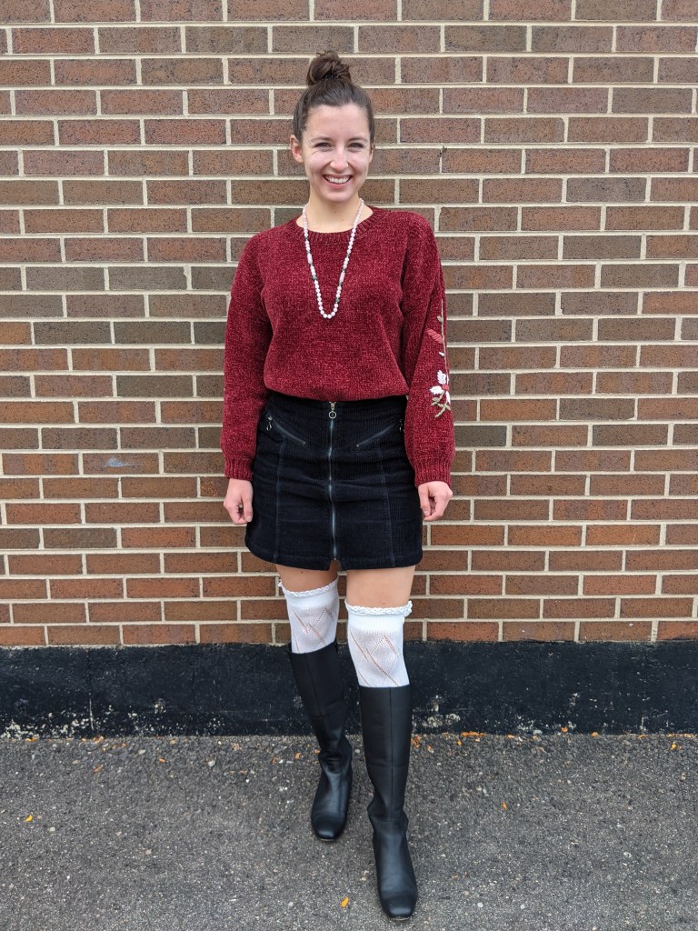 maroon-sweater-embroidered-black-corduroy-skirt-white-knee-socks