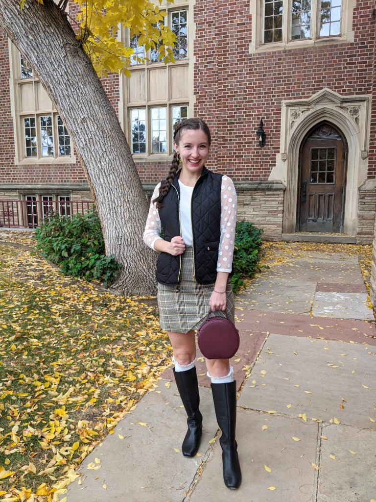 preppy-fall-style-plaid-skirt-quilted-vest-knee-socks