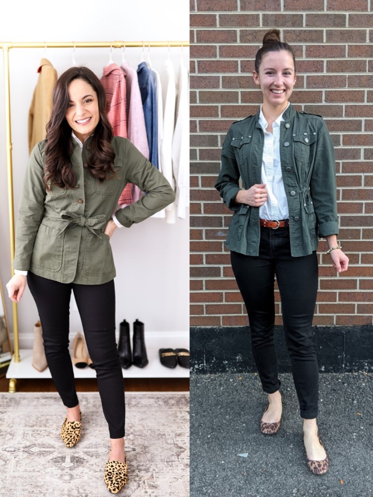 olive-green-jacket-white-button-down-black-pants-leopard-flats