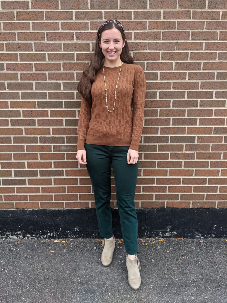 green-pants-brown-sweater-beige-booties