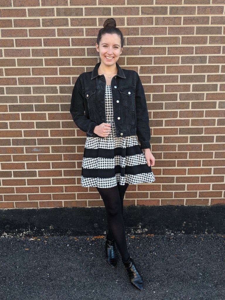 gingham-dress-black-denim-jacket-black-booties