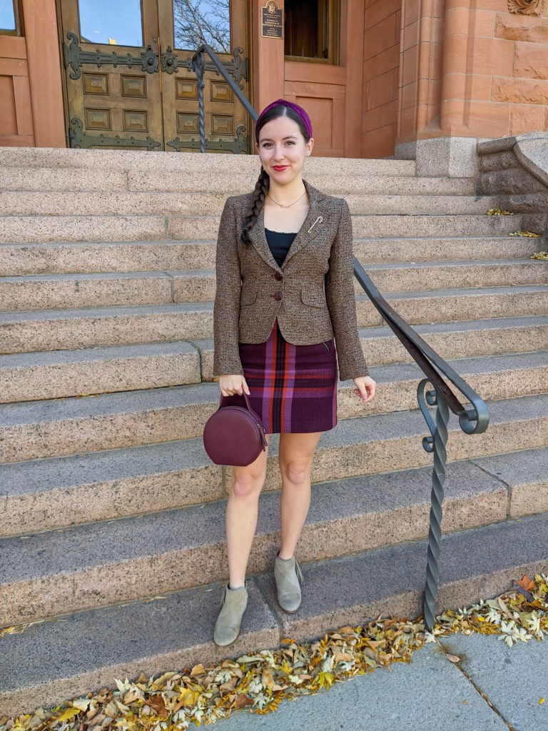 brown-thrifted-blazer-plaid-skirt-circle-purse