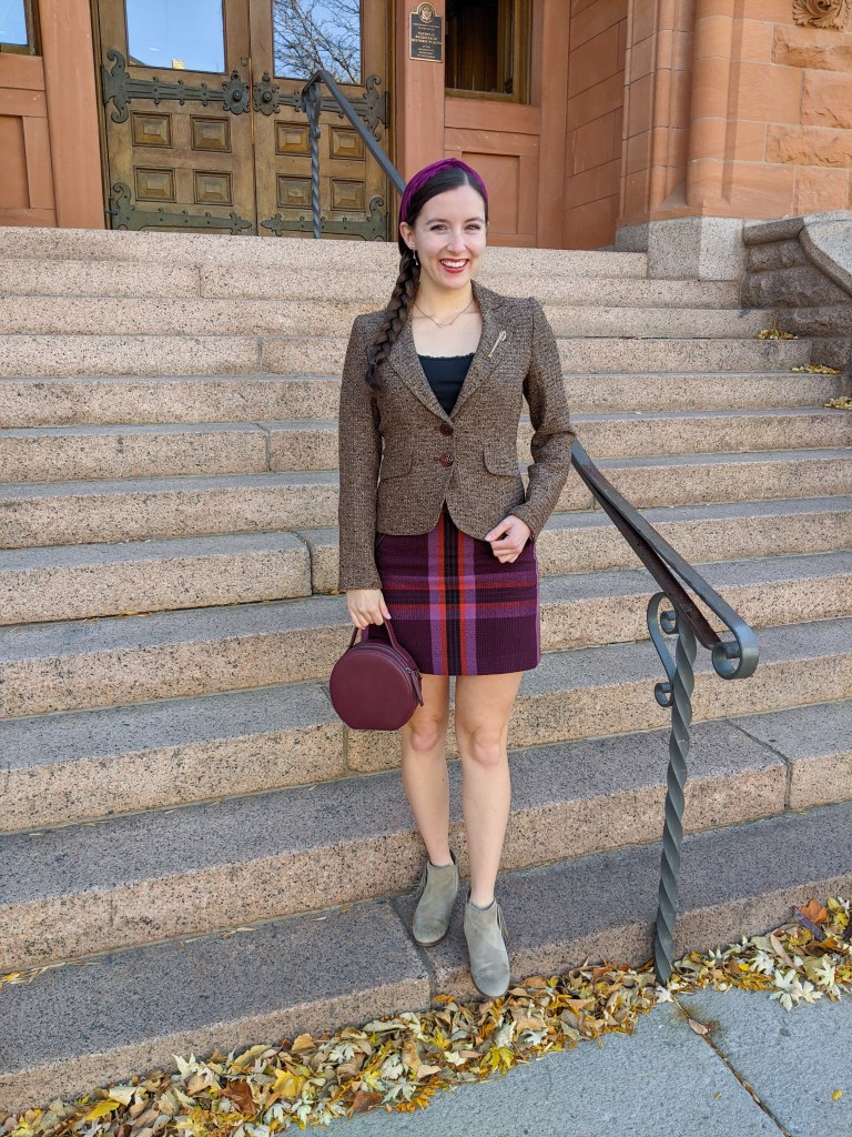 plaid-skirt-thrifted-blazer-circle-purse-thanksgiving-outfit-idea
