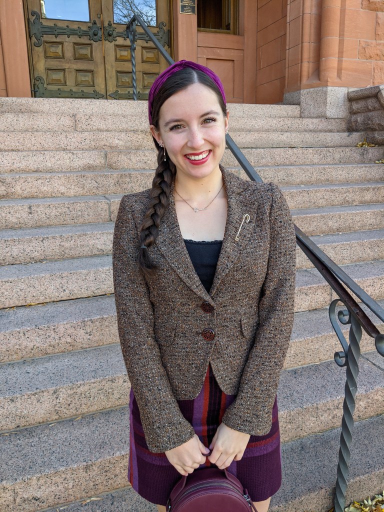 brown-blazer-name-necklace-headband-thanksgiving-outfit-idea