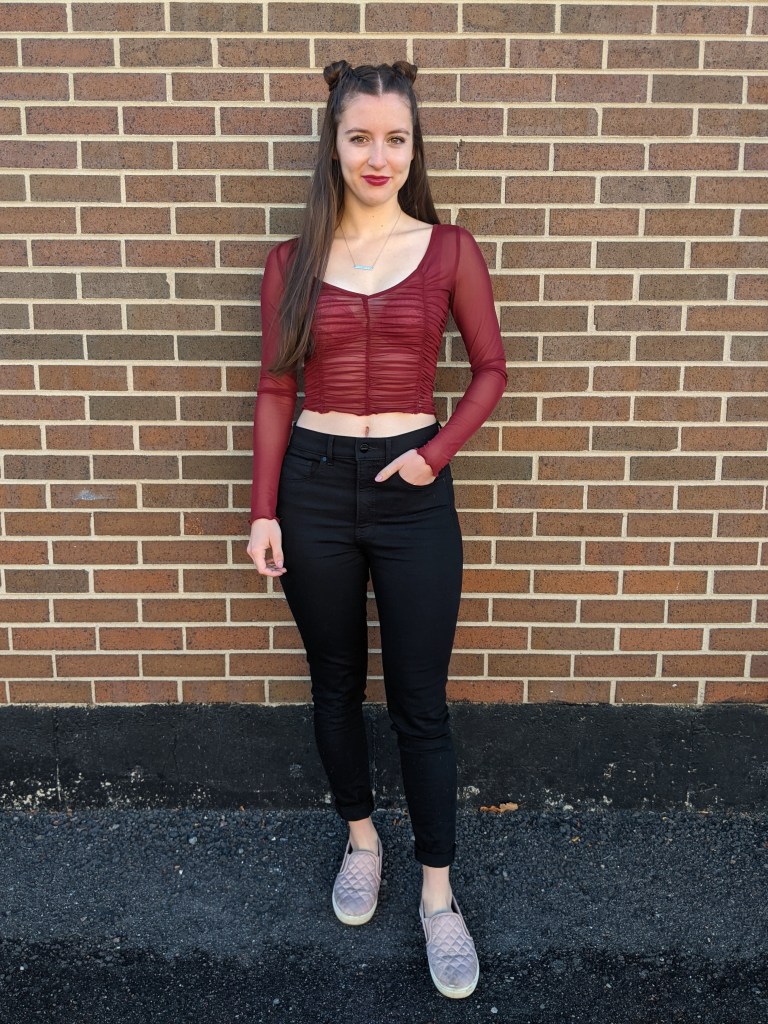 going-out-look-rouched-top-college-style-mesh-shirt