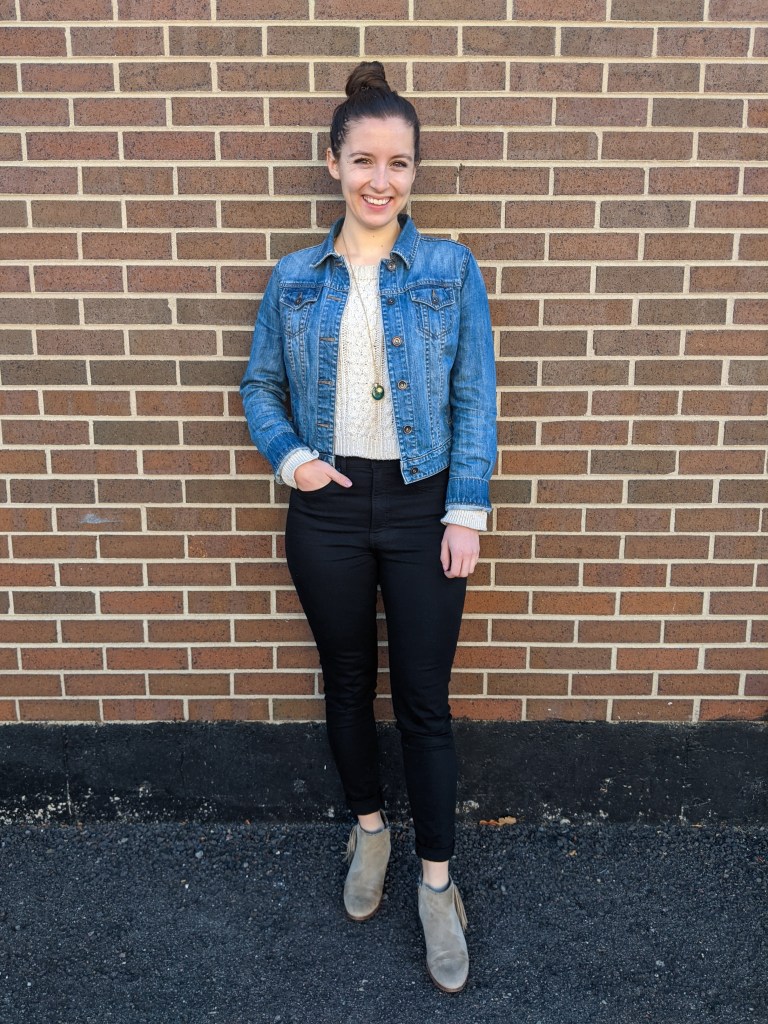sweater-jean-jacket-black-pants-beige-booties