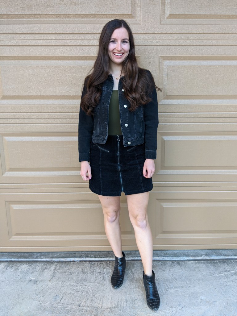 olive-bodysuit-black-denim-jacket-black-corduroy-skirt-black-booties