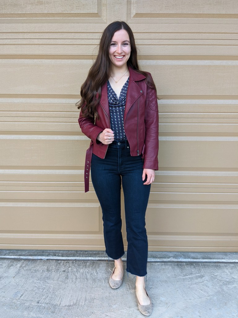 maroon-moto-jacket-cropped-flared-jeans-beige-flats