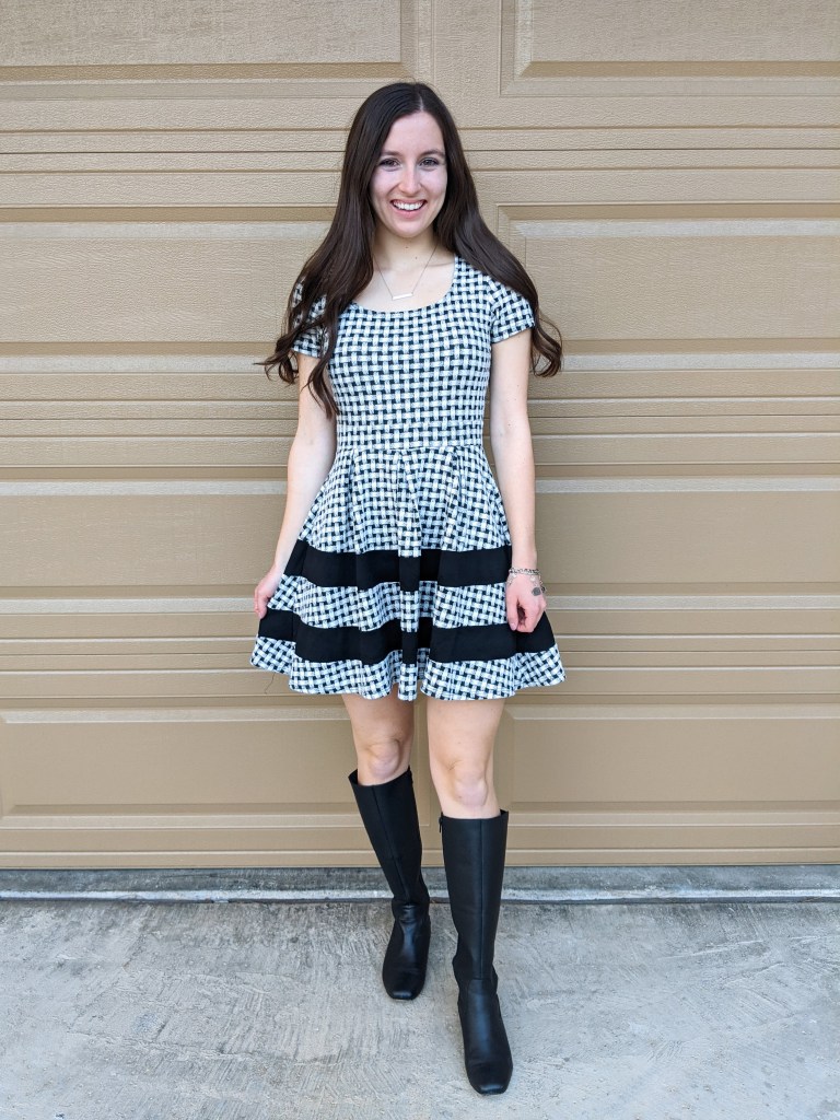 gingham-striped-dress-black-boots-thanksgiving-outfit