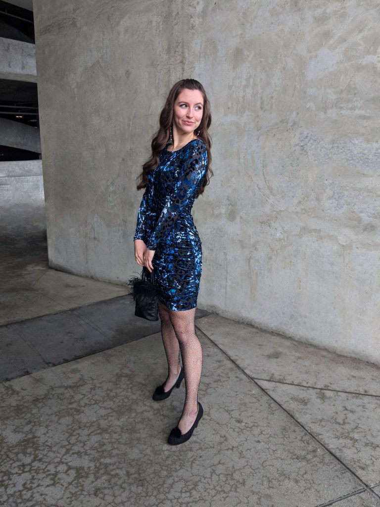 sparkly-fishnets-blue-dress-pom-pom-heels