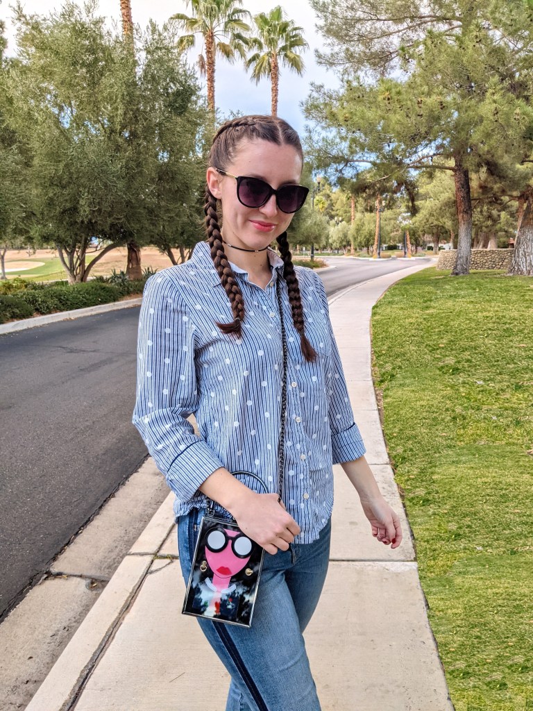 box-purse-black-sunglasses-pinstripe-collar-blouse