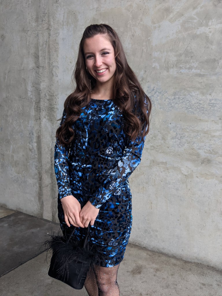 thrifted-dress-curled-hair-feather-purse