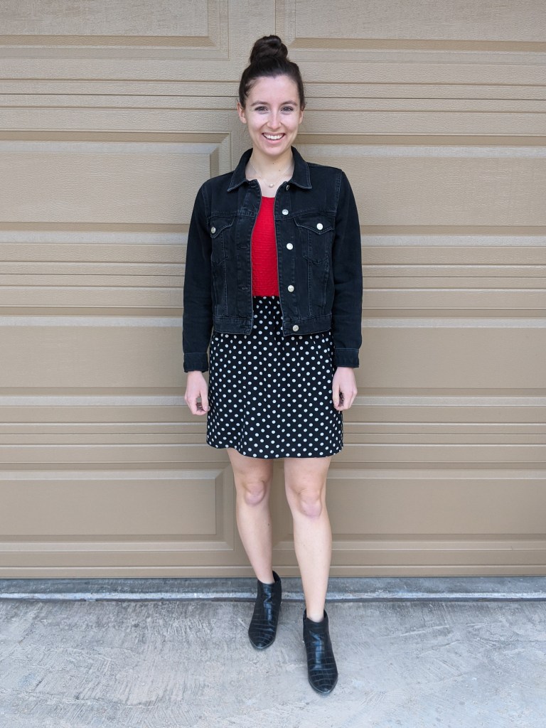 red-top-polka-dot-skirt-black-denim-jacket-black-booties