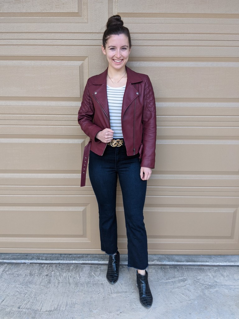pattern-mixing-striped-tshirt-pleather-jacket-cropped-flared-jeans-leopard-belt