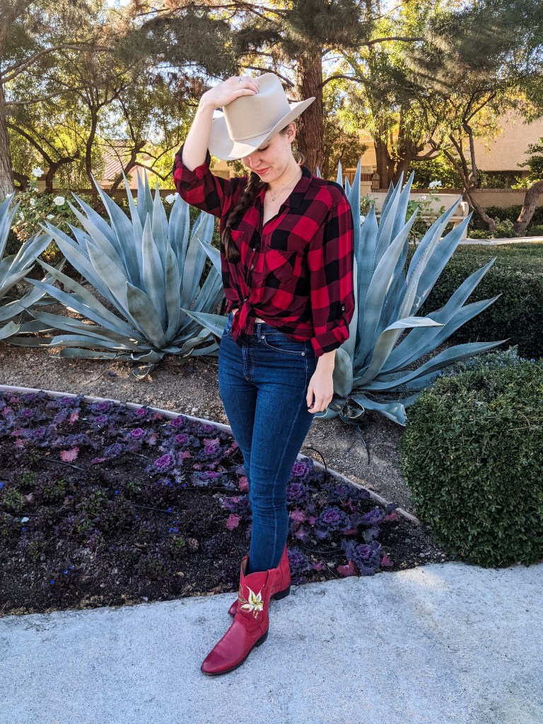 red-buffalo-check-flannel-cowgirl-hat-red-cowgirl-boots
