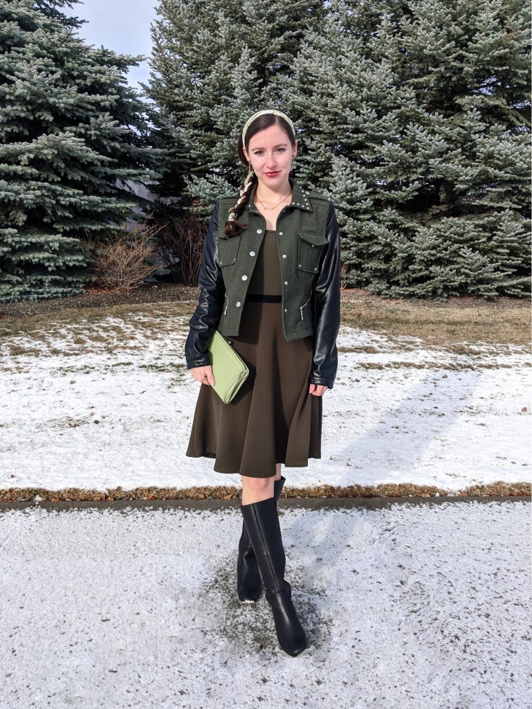 green-pleather-jacket-olive-skirt-bodysuit-black-knee-boots