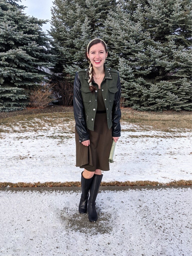 olive-green-skirt-black-knee-boots-pleather-hair-scarf