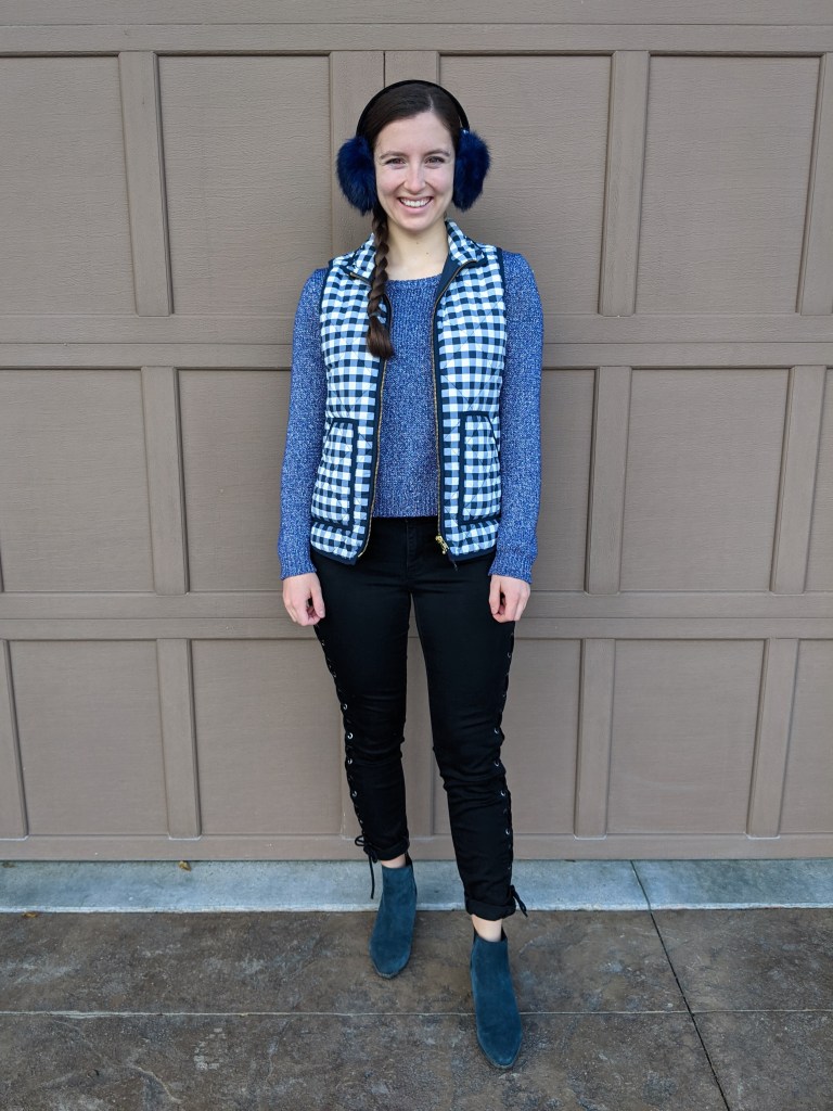 purple-sparkly-sweater-gingham-vest-black-laceup-pants-blue-suede-booties