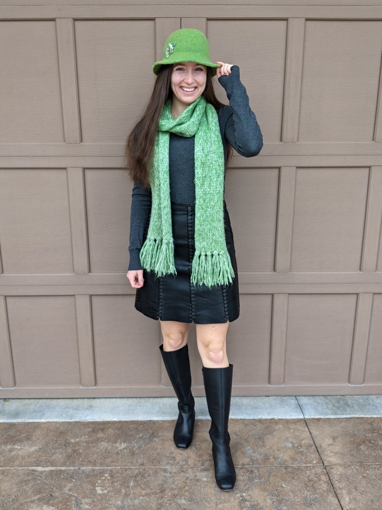 green-scarf-green-felt-hat-grey-sweater-black-leather-skirt-black-knee-boots