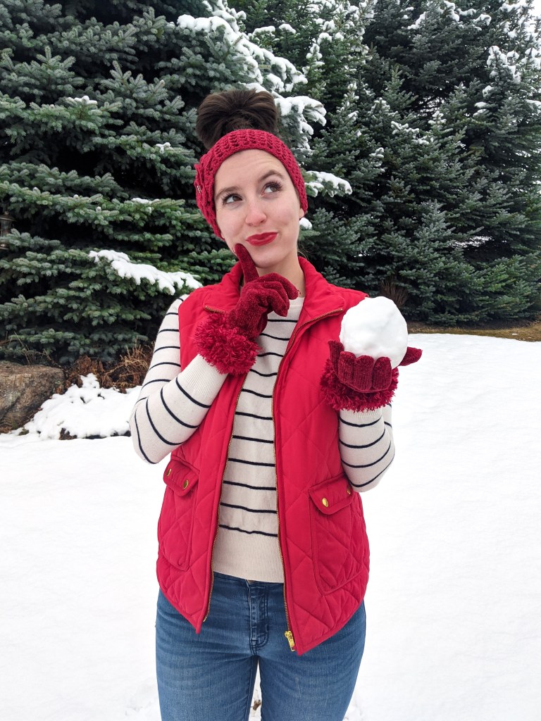 red-headband-quilted-vest-striped-sweater-snow-day