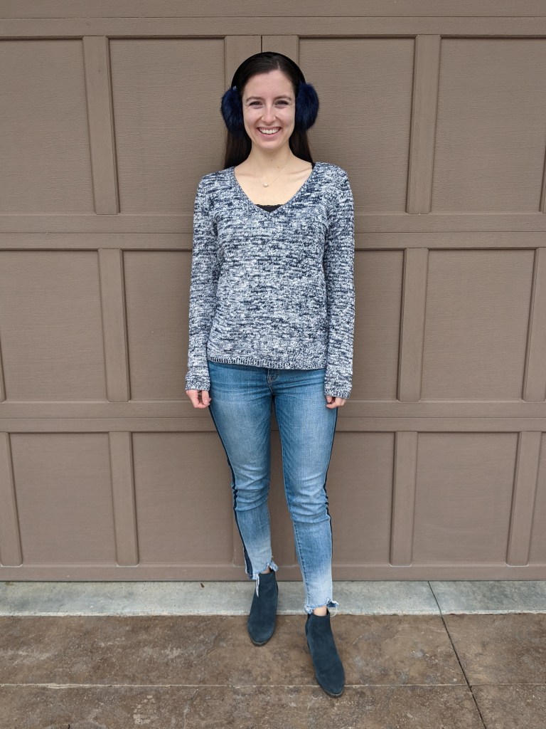 navy-v-neck-sweater-earmuffs-tuxedo-stripe-jeans