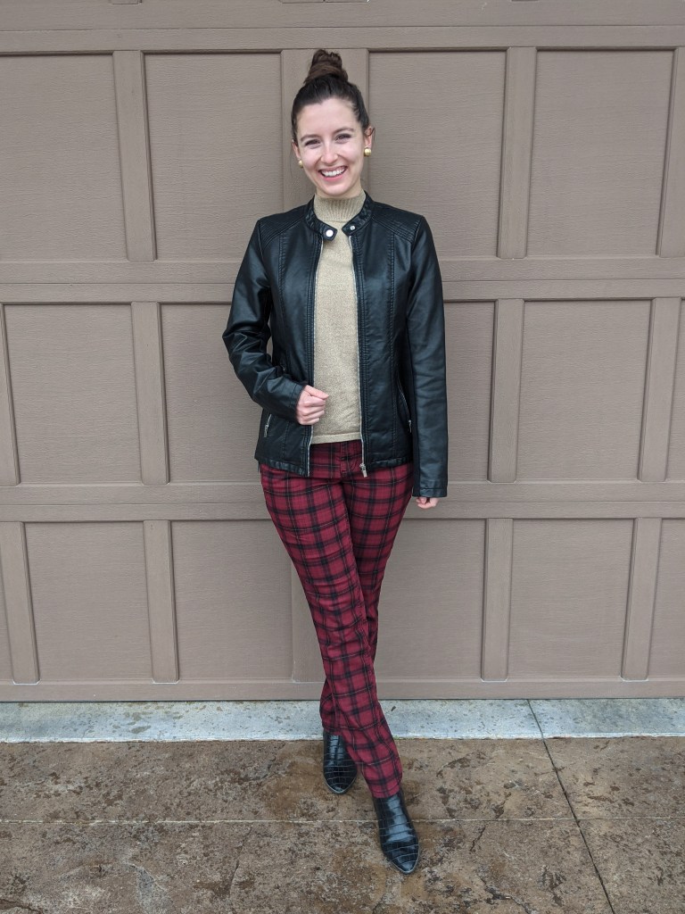 black-leather-jacket-gold-mock-neck-top-plaid-pants