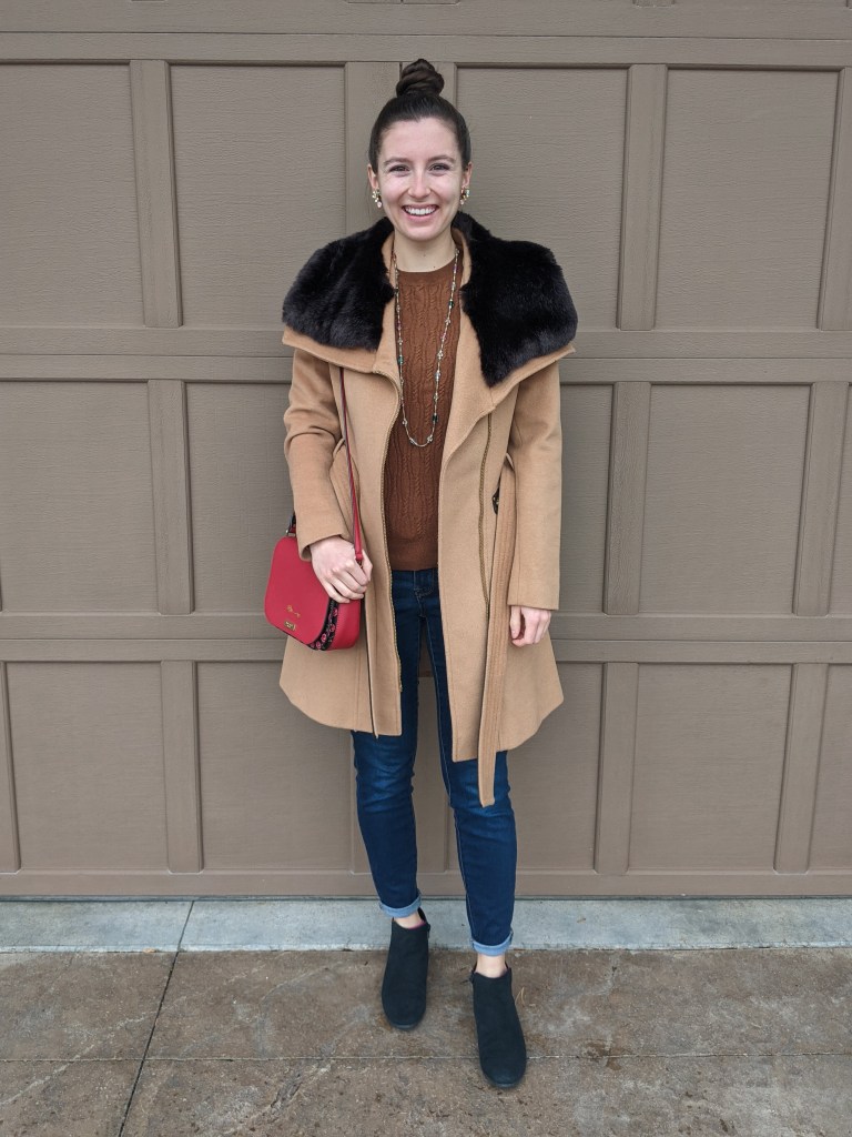 brown-sweater-camel-coat-red-kate-spade-purse