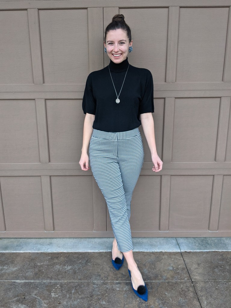 houndstooth-pants-black-turtle-neck-shoe-clips-pom-pom-flats