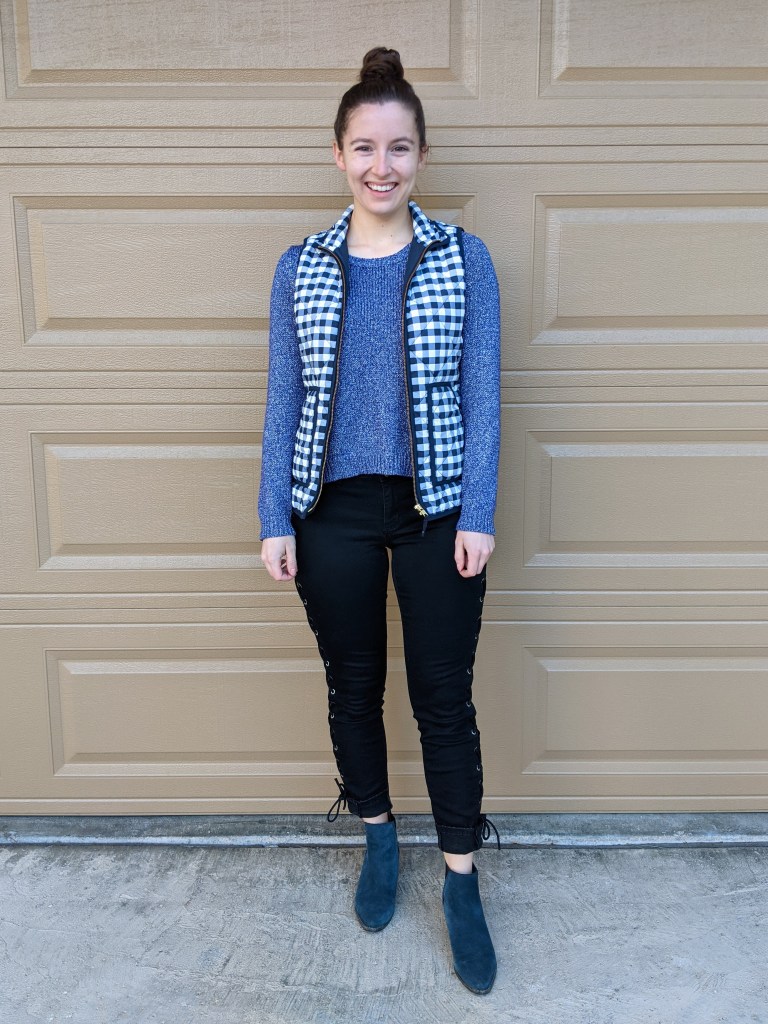 gingham-vest-purple-sweater-laceup-pants-blue-booties