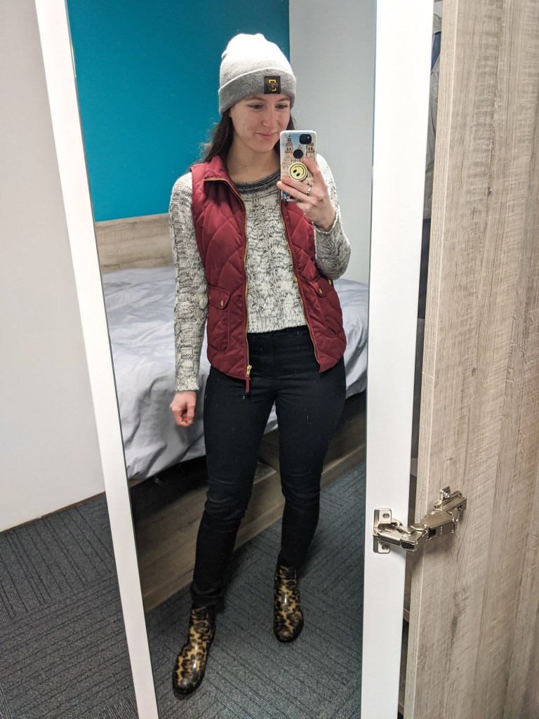 maroon-vest-grey-sweater-black-jeans-leopard-boots