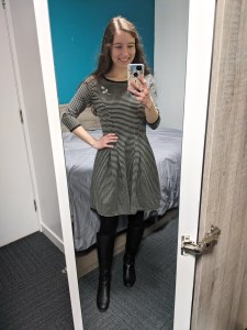 fit-and-flare-dress-brooch-black-knee-boots