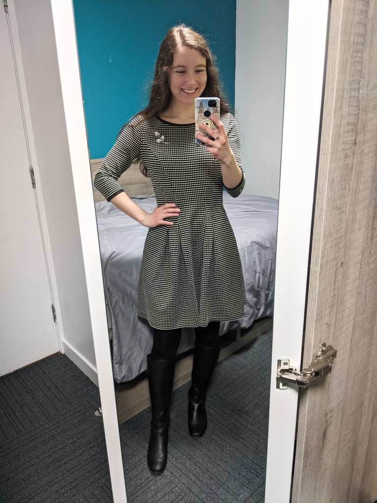 fit-and-flare-dress-brooch-black-knee-boots