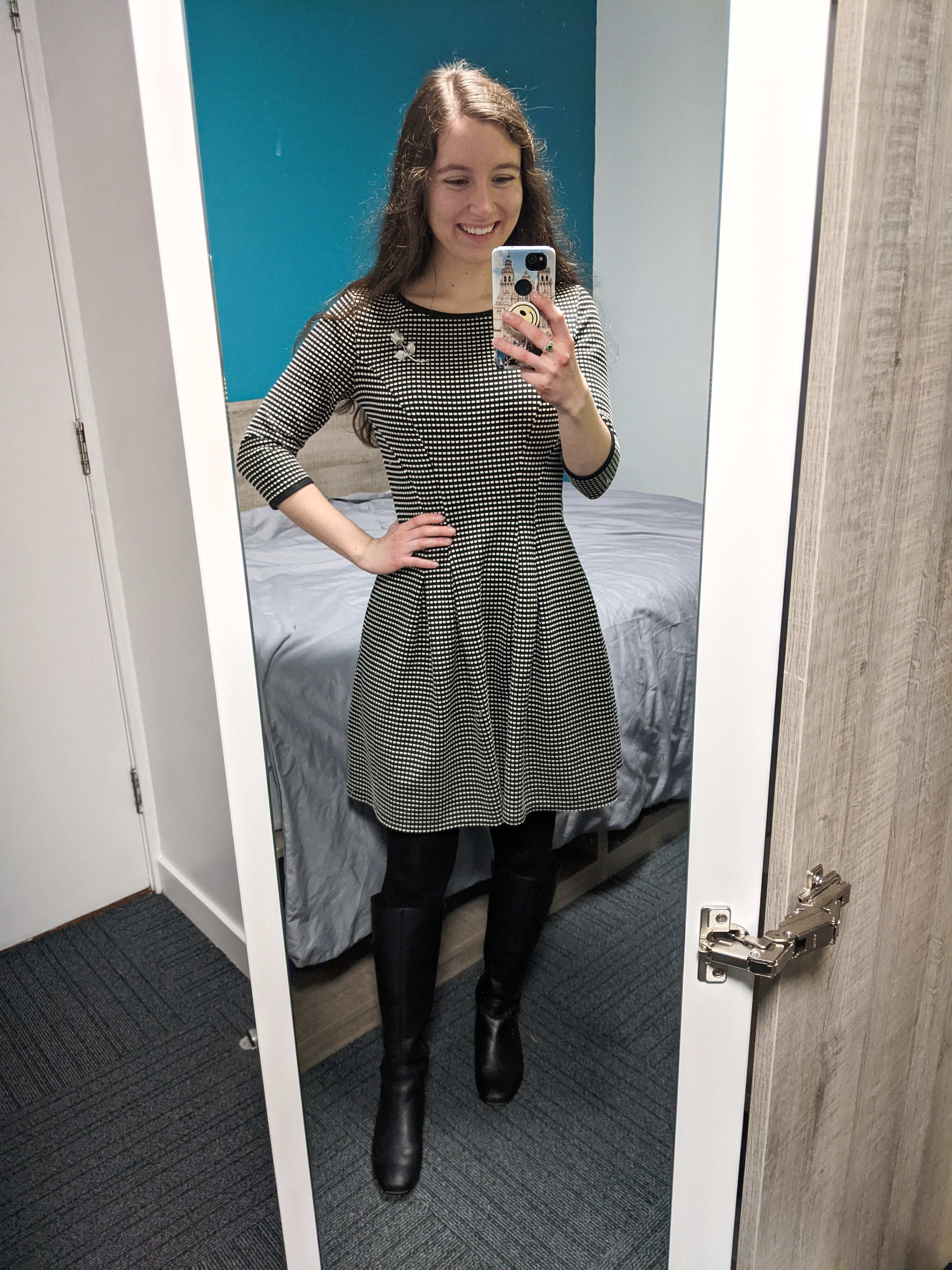 fit-and-flare-dress-brooch-black-knee-boots