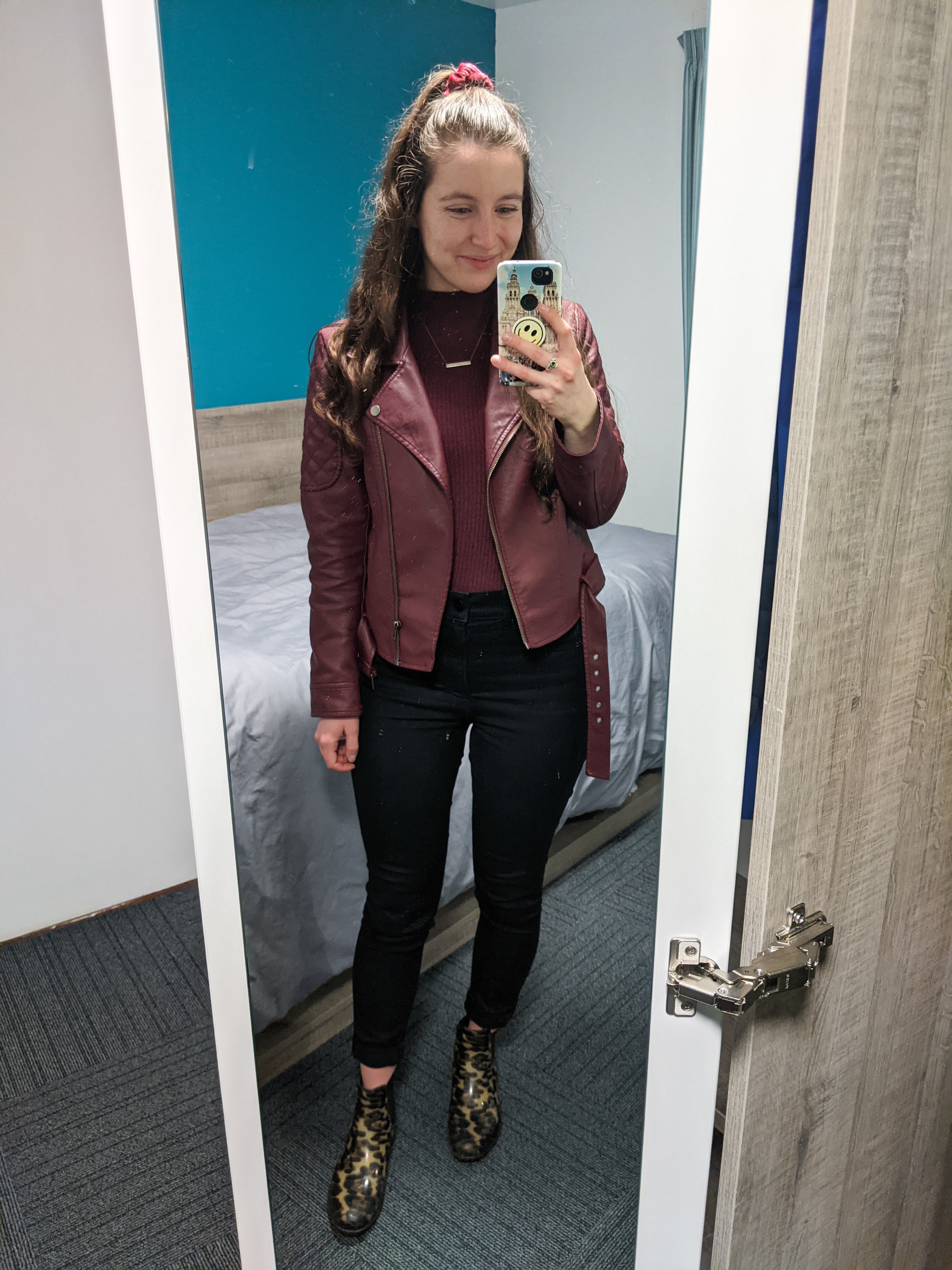 maroon-pleather-jacket-black-pants-leopard-rain-booties