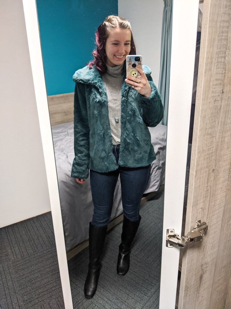 turquoise-fur-jacket-grey-turtleneck-black-knee-boots