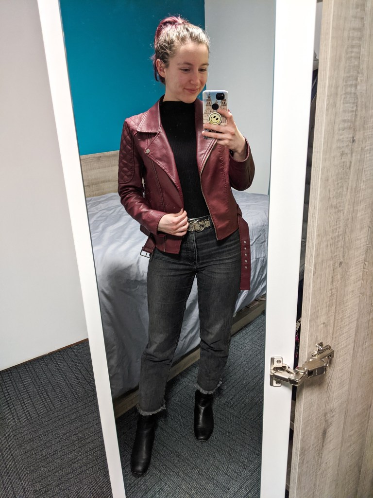 black-mock-neck-top-maroon-pleather-jacket-grey-mom-jeans-snakeskin-belt