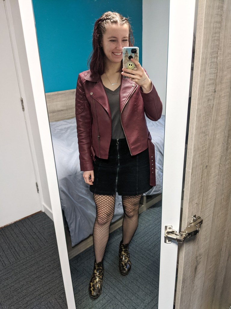 grey-tee-maroon-moto-jacket-black-corduroy-skirt-fishnets-leopard-boots