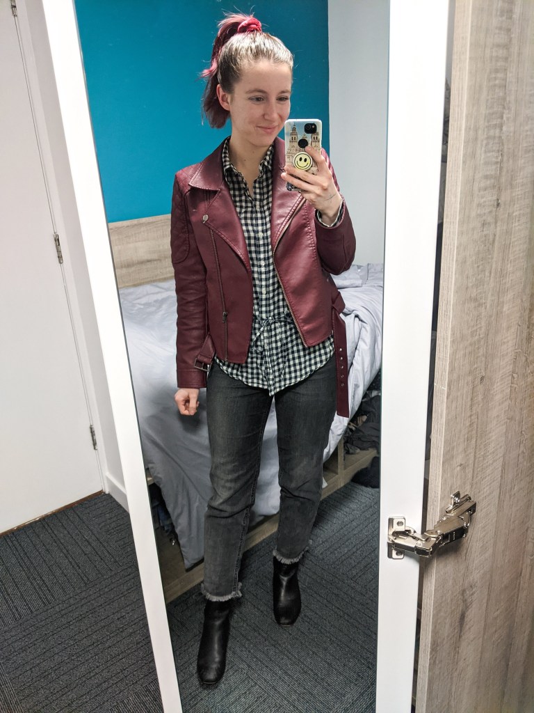 buffalo-plaid-shirt-maroon-moto-jacket-grey-mom-jeans