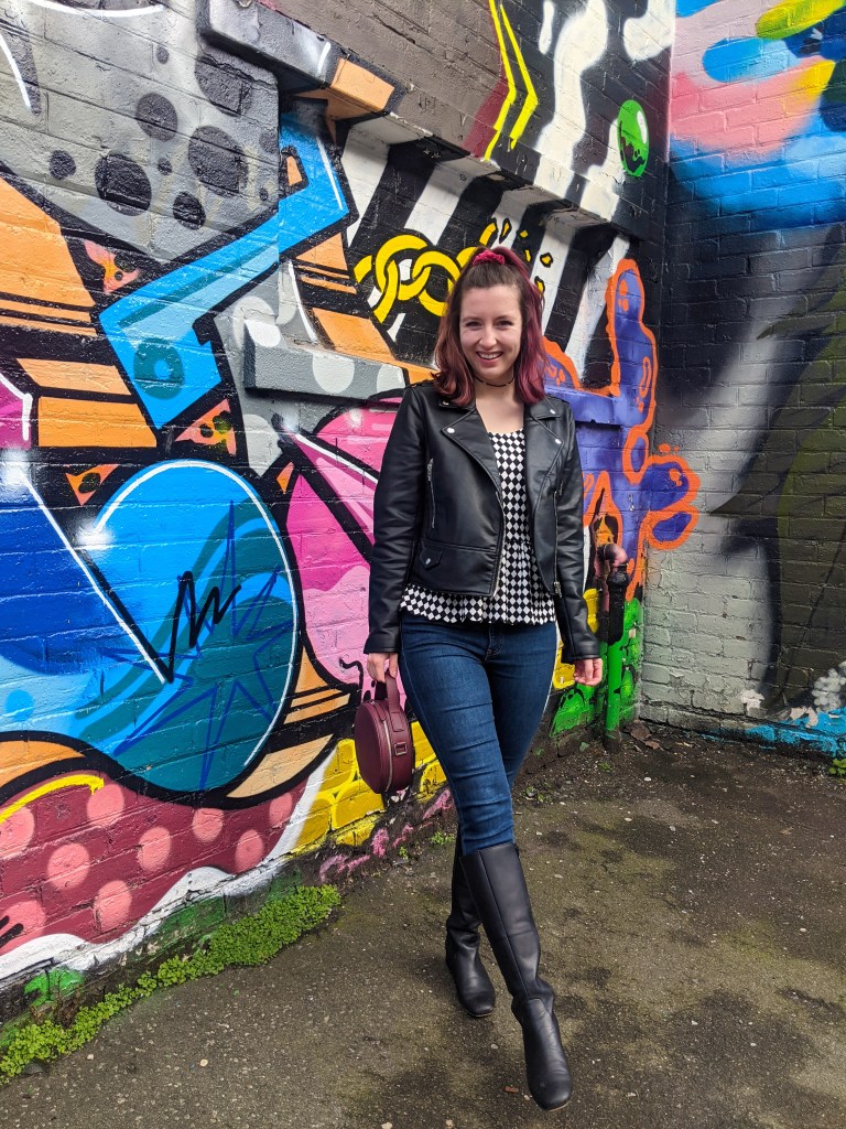 black-pleather-jacket-black-knee-boots-purple-hair