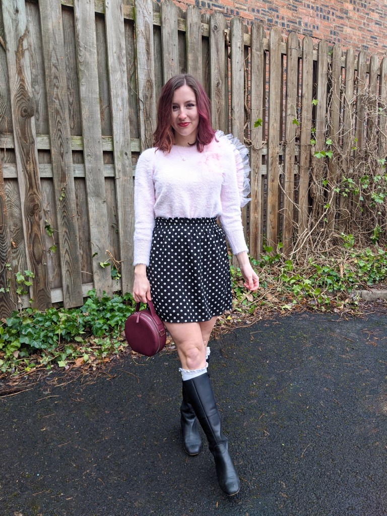 ruffle-sweater-asymmetrical-polka-dot-skirt-circle-purse