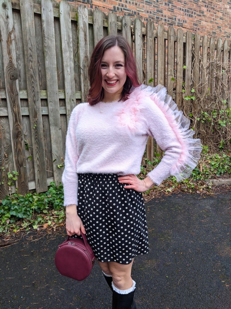 pink-ruffle-sweater-asymmetric-circle-purse-balayage