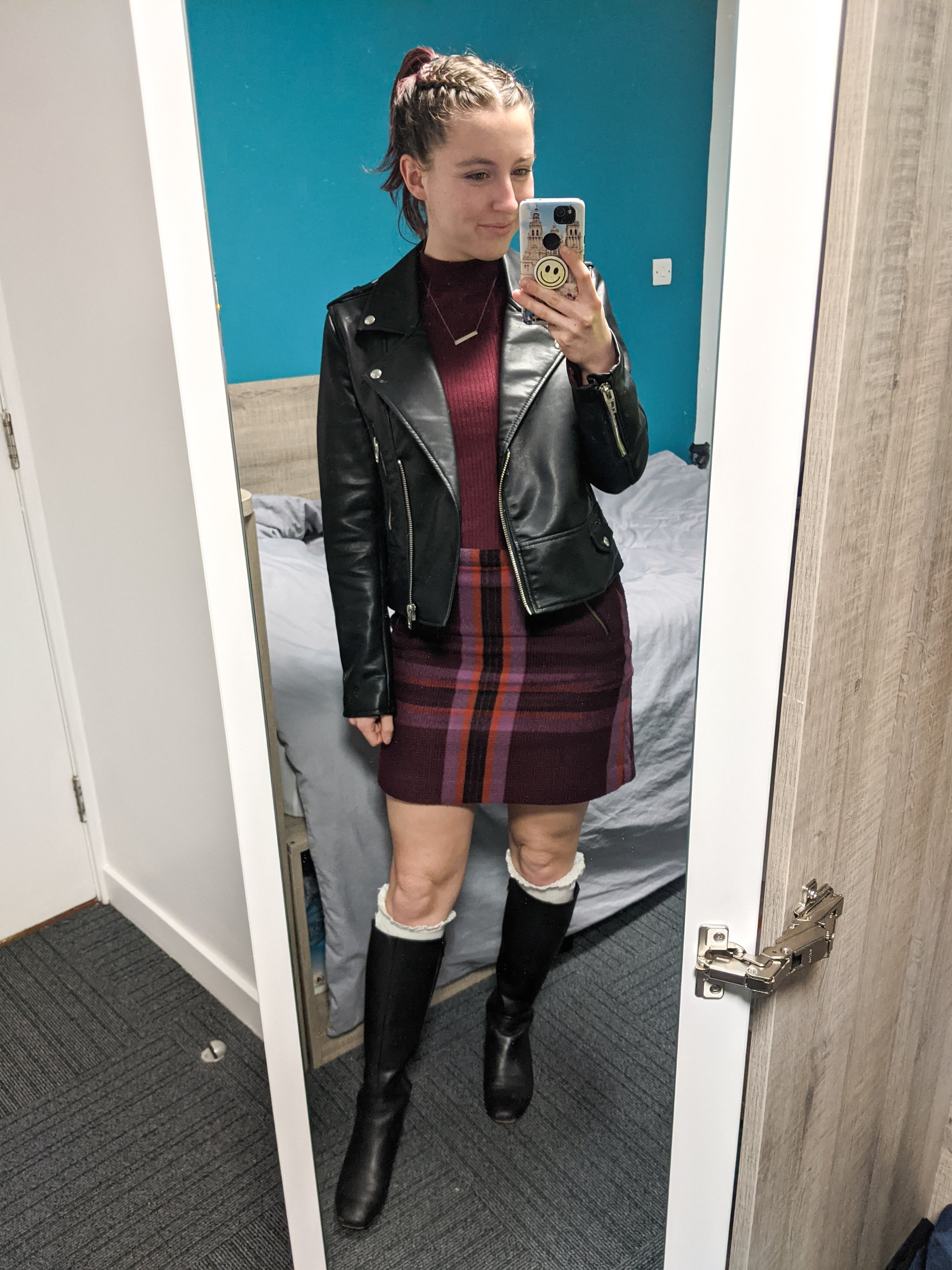 plaid-skirt-maroon-mock-neck-top-black-leather-jacket-black-knee-boots