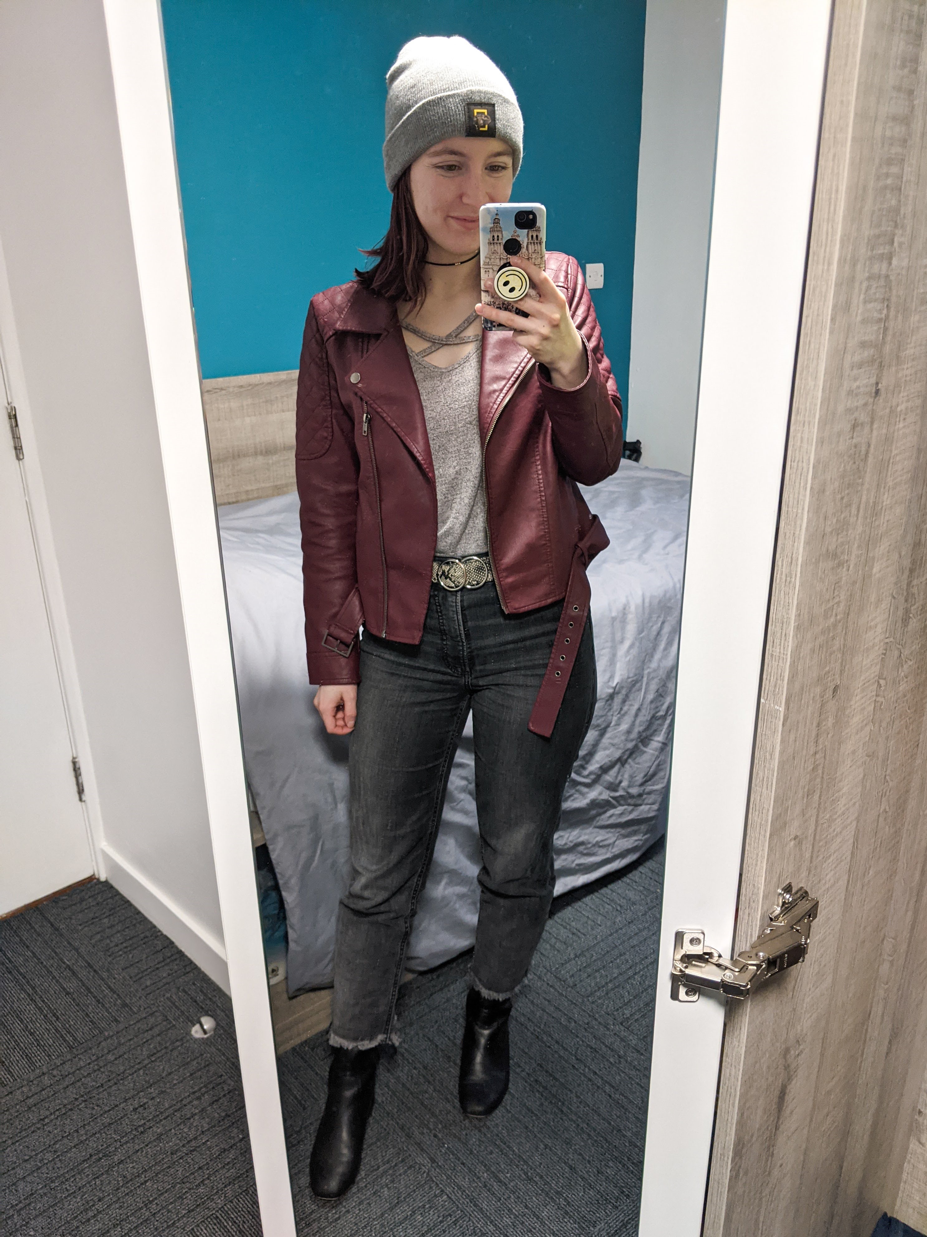 maroon-moto-jacket-grey-mom-jeans-beanie