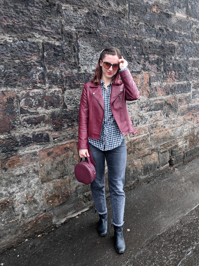 maroon-moto-jacket-buffalo-check-top-grey-mom-jeans