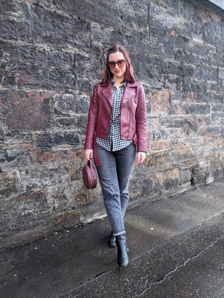 maroon-moto-jacket-buffalo-check-top-grey-mom-jeans