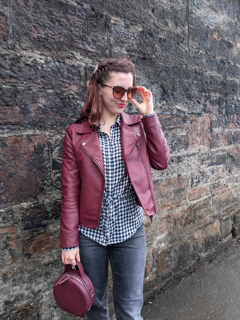 maroon-pleather-jacket-grey-mom-jeans-buffalo-check-shirt