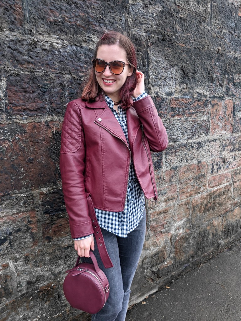 loft-sunglasses-maroon-moto-jacket-grey-mom-jeans