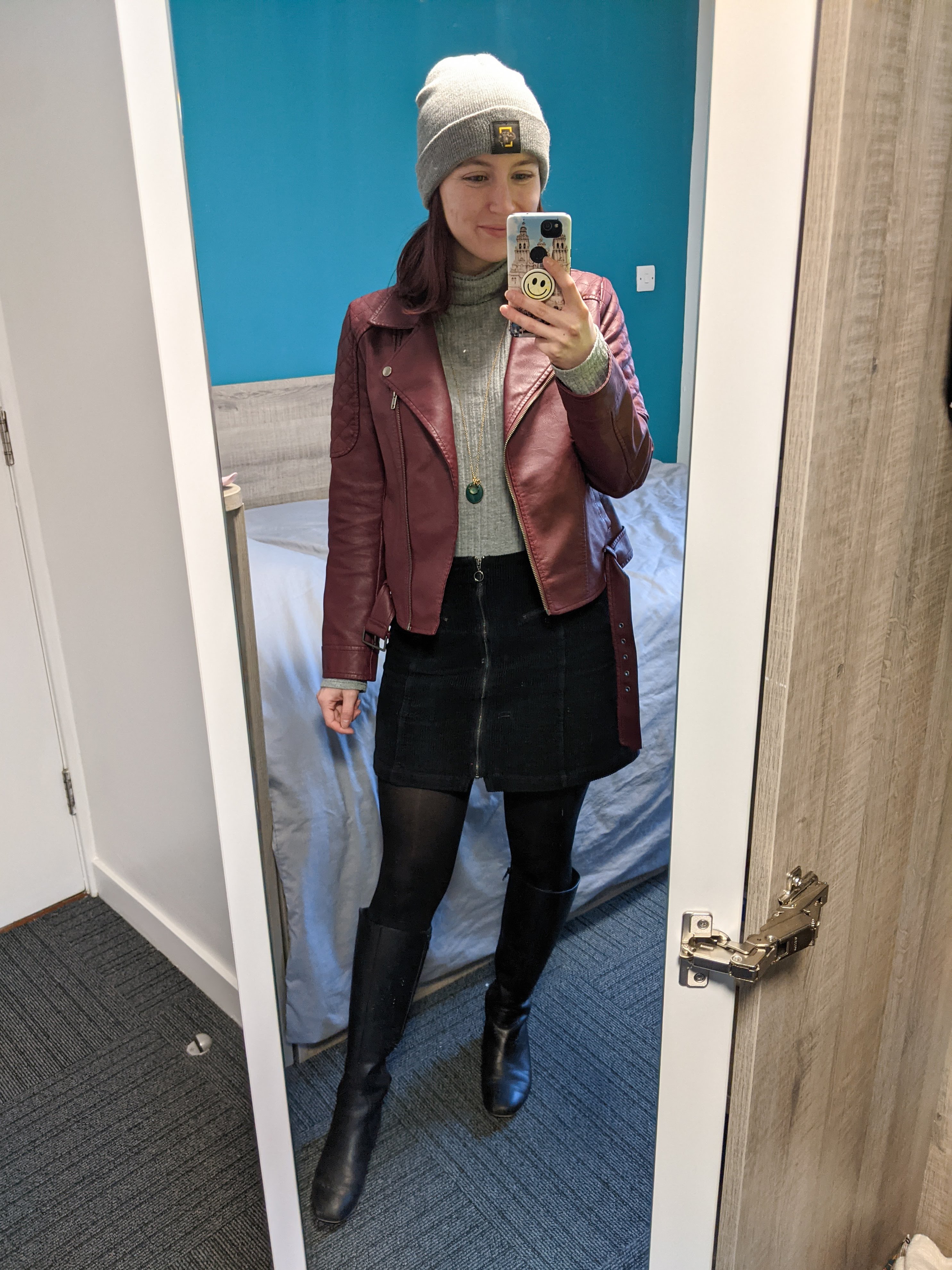 grey-turtleneck-maroon-moto-jacket-black-tights-corduroy-skirt